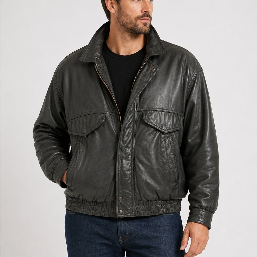 Men's black genuine‎ Leather Bomber Jacket XL
